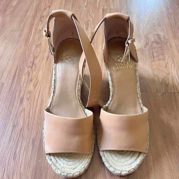 VINCE CAMUTO Lerra Camel Leather Espadrille Wedge Ankle Strap Sandal Sz 7M 37.5 - Picture 4 of 12